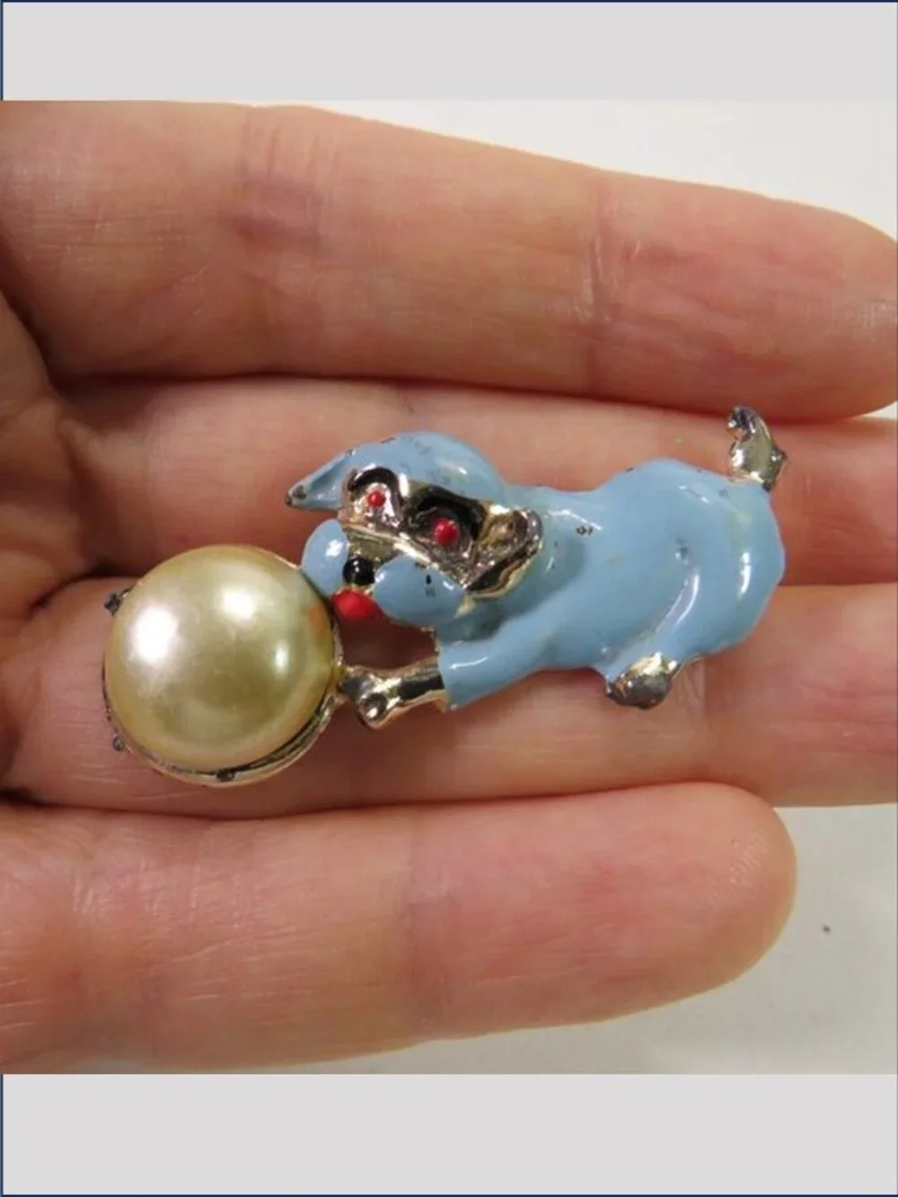 Vintage Mid Century Blue Enamel Dog Faux Pearl Ball Brooch Pin Whimsical Novelty